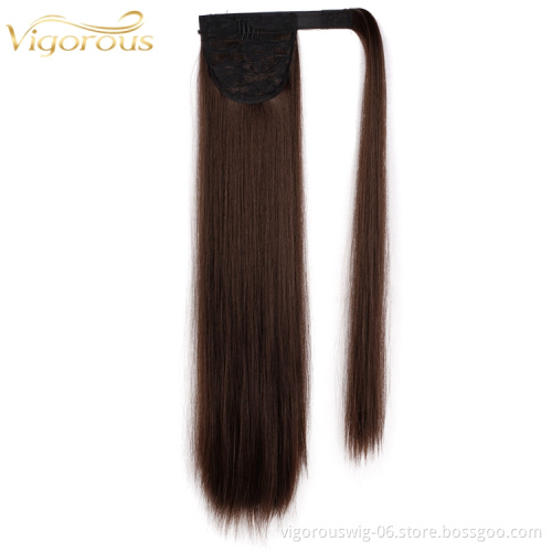 Natural Wholesale Fiber Glueless Long Straight Synthetic Ponytail Clip In Hand Tied Weft Hair Extension
